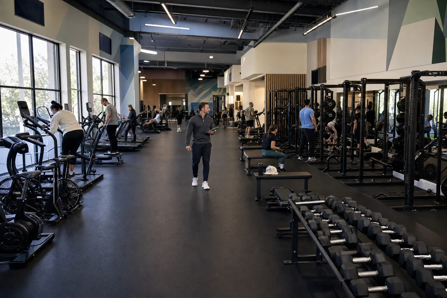 Wide overview of an active gym floor with members training across multiple zones.