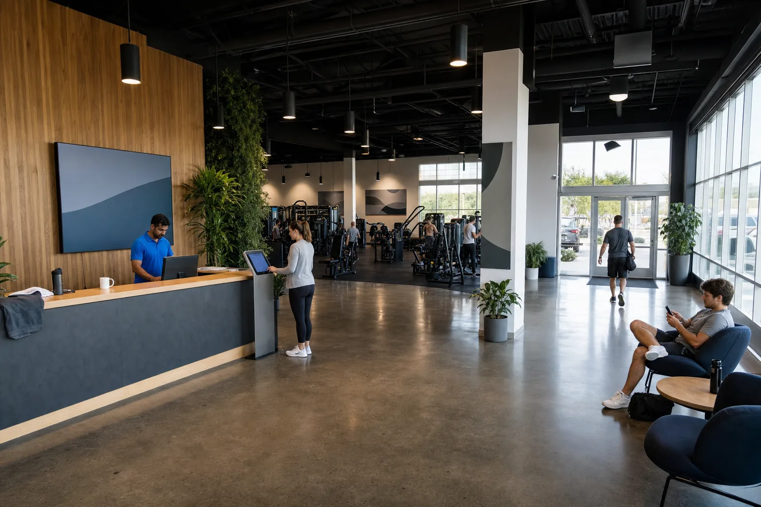 Wide reception lobby with staff and members moving through the gym entrance