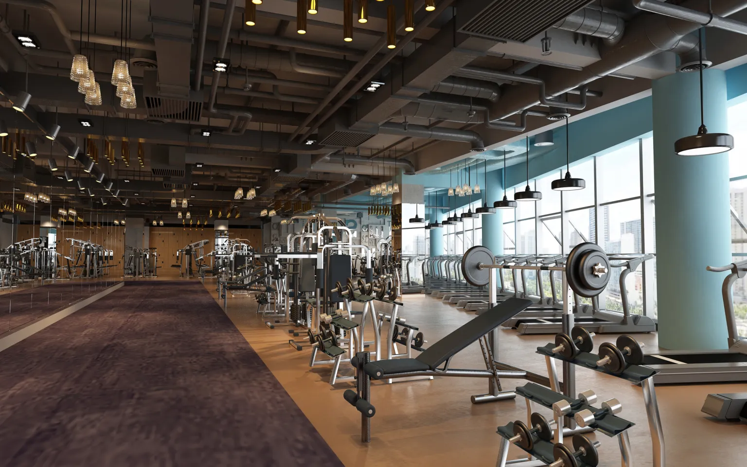 Free-weights zone and machines across a large commercial gym floor