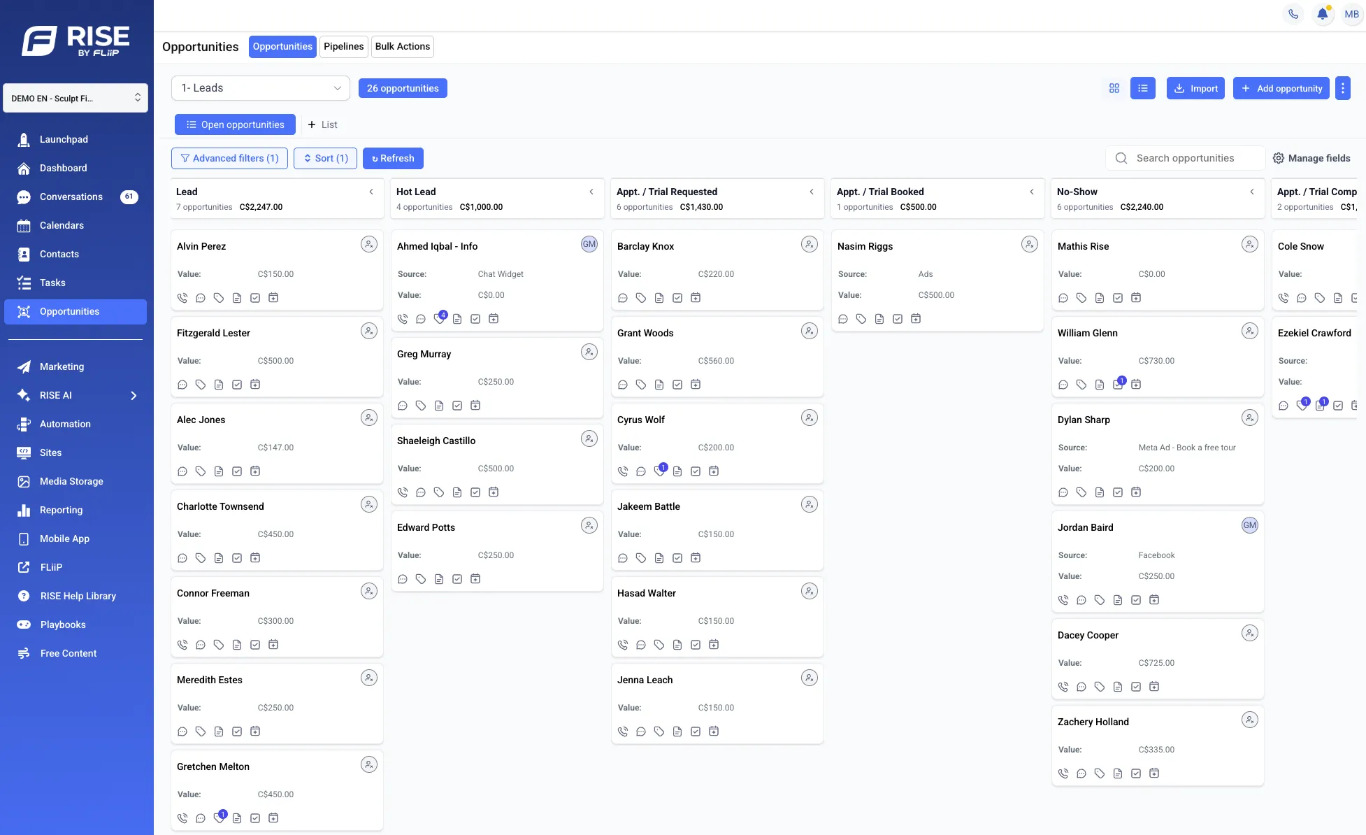 FLiiP RISE CRM pipeline with leads from every channel