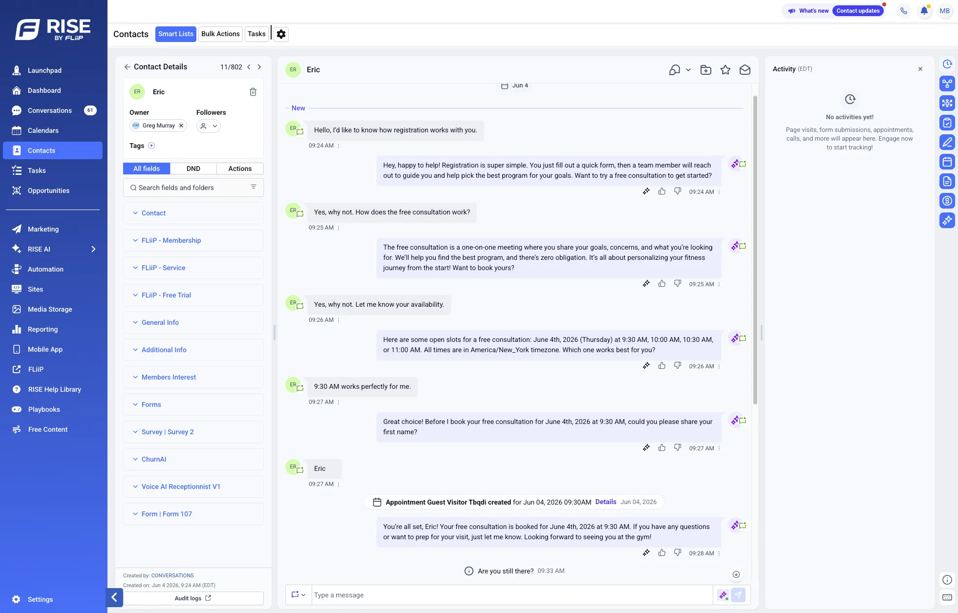 FLiiP RISE contact profile with member details, full conversation history, and upcoming appointments